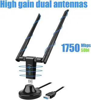 USB WiFi Adapter for PC, 1750Mbps Dual Band 2.4GHz/450Mbps 5GHz/1300Mbps High Gain 5dBi Antennas USB 3.0 Wireless Adapter Network Card for PC with Windows 11/10/8/7/XP/Vista, Mac OS 10.9-10.15