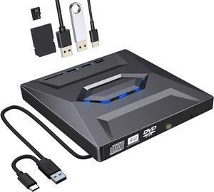 External DVD CD Drive, USB 3.0 Type C Slim Portable CD/DVD Player, CD DVF ROM Burner Rewriter with 2 USB Ports, SD TF Slot Low Noise High Speed Data Transfer Super Drive for Laptop/Desktop