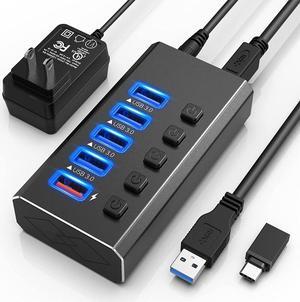 5 Ports Powered USB 3.0 Hub [Durable Aluminum], USB Hub 3.0 Powered, Individual Switch Buttons Smart Charging USB Port Expander Fit for External Hard Drive Electronics Gaming Laptop Desktop PC