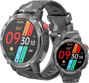 Military Smart Watches for Men - 5ATM Waterproof Fitness Watch for Android iOS Phones,1.6" Large Screen Tactical Smartwatch, Bluetooth Call(Answer/Dial Calls/BT5.0), 24 Sports Modes (Camouflage Black)