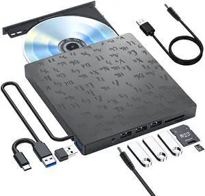 External CD DVD +/-RW Drive with SD/TF Memory Card Slot and USB Ports, 7 in 1 USB 3.0 Type C Portable CD/DVD Player Burner Reader Writer External DVD Drive for Laptop PC Windows 11/10, Linux, MacOS