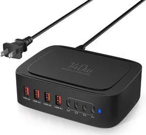 [8 in 1] USB C Charging Station, 140W USB C Charger Desktop Charging Hub 8-Port for Multiple Devices, 65W Type C Fast Charging Laptop Power Adapter for Ma-c-Book Pro/Air, Tablet, Smartphones and More
