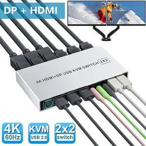 Dual Monitor HDMI + DisplayPort KVM Switch 2 in 2 Out, Supports EDID, 4K @60Hz Extended Display HDMI Display Port KVM Switch for 2 Monitors 2 Computers with Audio Microphone Output and 3 USB Ports