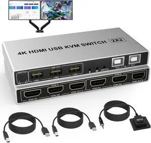Dual Monitor HDMI KVM Switch 2 in 2 Out, 2 Port 4K@60Hz HDMI KVM Switch for 2 Computers Share 2 Monitors Display and 3 Keyboard/Mouse/Printer, with Audio Mic Output