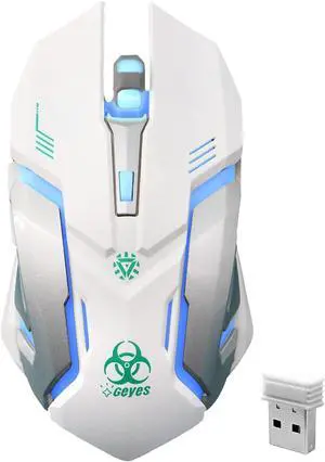 2.4G RF Wireless Gaming Mouse, Silent Click Wireless Rechargeable Mouse with Colorful LED Lights and 3 Level DPI 400mah Lithium Battery for Laptop and Computer (White)