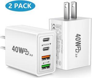 [2-Pack] USB C Wall Charger, 40W 4-Port Double USB C Charger Fast Charging Block Dual Port PD 3.0 + QC Wall Plug Multiport Type C Charger for i-Phone 14 Pro Max 15 14 13 12 11, Android Smartphones..