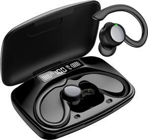True Wireless Earbuds, Bluetooth Headphones 120H Playback Wireless Sports Earbuds with Over Ear Earhooks LED Display Charging Case IPX7 Waterproof Bluetooth Earphones for Running Workout, Black