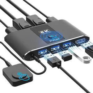 2 Port DisplayPort KVM Switch with DP1.4&3 USB 3.0 Ports (USB-A), Supports 8K@60Hz, DP KVM Switch 2 in Out Control 2 PCs Sharing 1 Monitor & USB Devices, Wired Remote and Button Switch, Adaptive EDID