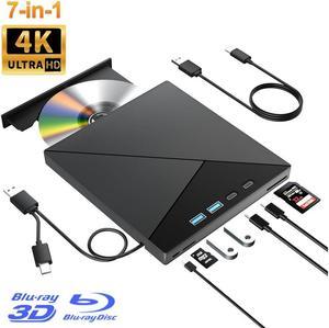 7 in 1 External Blu Ray Drive, USB 3.0 Type-C External Blu Ray Drive, CD DVD Burner 3D BD Player with 2 USB A & 2 USB C, SD/TF Ports, 4K Blu Ray Burner DVD Drive Compatible with Windows, Linux, MacOS