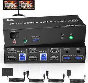 8K@60Hz USB 3.0 Displayport KVM Switch 2 Monitors 2 Computers, DP 1.4 Dual Monitor KVM Switch with Audio Microphone Output and 3 USB 3.0 Ports, Wired Remote and 2 USB Cables Included