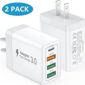 40W USB C Wall Charger Block, [2-Pack] 4 Port PD + QC Fast Charger Adapter, Type C Wall Plug Multiport for i-Phone 12/13/14/15/Pro Max, XS/XR/X, i-Pad, Sa-m-s-ung, Goo-gle, Tablet, Android (White)