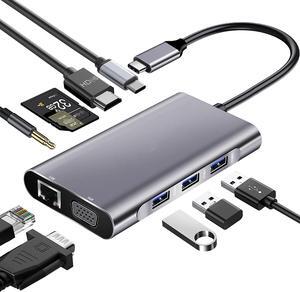 USB C Hub, Dual Monitor USB C Docking Station 10 in 1 with USB C to HDMI 4K, 1080P VGA, PD Charger, Gigabit Ethernet, 3 x USB 3.0, SD/TF Card Reader & Mic/Audio for Laptops