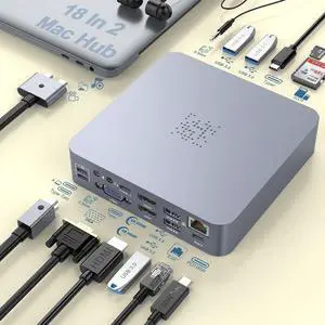 for MacBook Pro Docking Station, 4K Triple Display for MacBook Pro HDMI Adapter 18 in 2 USB C Adapter for MacBook Pro Air Mac HDMI Dock USB C Dongle to Dual HDMI VGA 100WPD SD TF RJ45 6USB 3.5mm Audio