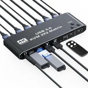 4K HDMI KVM Switch 2 Monitors 2 Computers 1080P@120hz Dual Monitor Share with 4 USB 3.0 Devices, USB Keyboard Mouse Hotkey Switching, USB 3.0 KVM 2x2 Matrix Switch Printer Splitter for 2 Computers