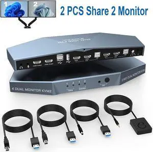 Dual Monitor HDMI KVM Switch for 2 Computers Share 2 Monitors, 4K @60Hz Extended Display Dual Monitors KVM Switch with Audio Microphone Out and 3 USB 2.0 ports, PC Monitor Keyboard Mouse Switcher