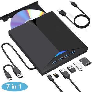 [7 in 1] External CD/DVD Drive for Laptop, USB 3.0 USB C External DVD Drive, Portable CD Player DVD Drive with SD TF Slot and 4 USB Ports, Portable DVD/CD Burner for PC Windows 7/8/10/11/Linux/MacOS