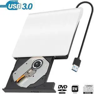 Laptop External CD/DVD Drive, USB 3.0 External CD DVD Burner, Portable CD/DVD Optical Drive Player Reader Writer, Compatible with Desktops,Notebooks, Macs, and All-in-one Computers (White)