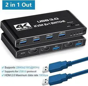 2 Port HDMI KVM Switch 2 in 1 Out, 4K @60Hz HDMI2.0 KVM Switch, HDMI USB 3.0 KVM Switch with 4 USB 3.0 Ports for 2 Computers Share One Monitor, Supporting Wireless Keyboard and Mouse,Plug and Play