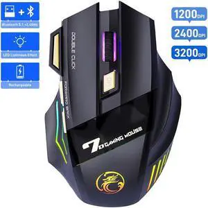 Wireless Gaming Mouse, 1200-2400-3200 DPI, [Bluetooth 5.1 + 2.4G RF] Dual Mode Wireless Mouse, Rechargeable 7 Keys Silent Mouse, 7-color Breathing LED Wireless Mouse for Laptop, PC Computer, MacOS