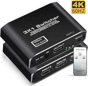 3x1 HDMI Splitter Aluminum HDMI Switch 3 in 1 Out with IR Remote Control, Supports 4k@60HZ 3D HD1080P, HDMI Switcher for PS3 PS4 Pro TV