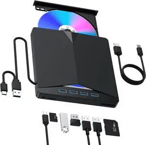 External CD DVD Drive [7 in 1], Fast Data Transfer USB 3.0 Type-C External CD/DVD Drive with SD/TF Card Reader & 4 USB Port, Portable RW Burner for Windows 11/10/8/7/XP Linux, Mac OS, Vista