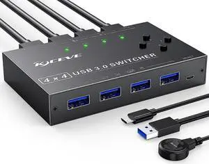 USB 3.0 Switch Selector 4 Computers Share 4 USB 3.0 Ports, 4 in 4 Out USB 3.0 Switch for Keyboard Mouse Switch,USB Switcher Compatible with Mac/Windows/Linux,Wired Remote and 4 USB 3.0 Cable Included
