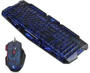 Gaming Keyboard and Mouse Combo, LED Backlit Keyboard, USB Wired Gaming Mouse, 3 Color Blue/Red/Purple LED Backlit Crack Keyboard and Mouse Set for Gamer Office