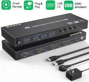 4 Port USB 3.0 HDMI KVM Switch Support 4K@60Hz 2K@120Hz RGB 4:4:4 Simulation EDID, HDMI Switch 4 in 1 Out with 4 USB 3.0 Port for Keyboard Mouse Printer,with Controller, USB3.0 Cables and HD-MI Cables
