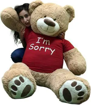 I'm Sorry Giant Teddy Bear 5 Feet Tall Tan Color Soft Wears T shirt that says I'M SORRY