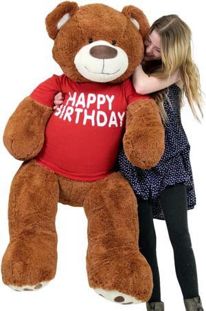 Happy Birthday 5 Foot Big Plush Giant Teddy Bear Soft Cinnamon Color Wears Tshirt