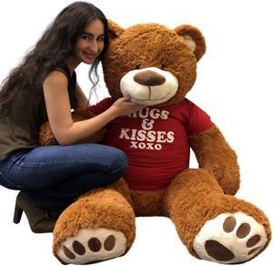 Big Plush 5 Foot Giant Teddy Bear 60 Inches Soft Cinnamon Brown Color Wears HUGS AND KISSES T-shirt