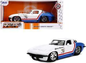 1963 Chevrolet Corvette Stingray White and Blue with Red Stripe "Chevy Racing" 1/24 Diecast Model Car by Jada