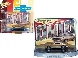 1967 Chevrolet Camaro Gold with Gold Interior with Collectible Tin Display "The First Chevrolet Camaro" 1/64 Diecast Model Car by Johnny Lightning