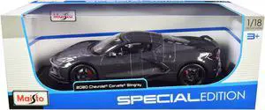 2020 Chevrolet Corvette Stingray C8 Dark Gray Metallic with Racing Stripes 1/18 Diecast Model Car by Maisto