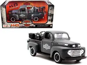 1948 Ford F-1 Pickup Truck and 1942 Harley-Davidson WLA Flathead Motorcycle Matt Dark Gray 1/24 Diecast Models by Maisto