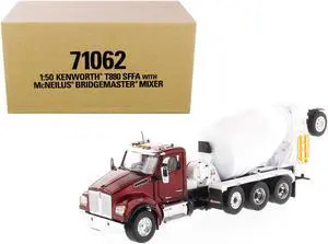 Kenworth T880 SFFA with McNeilus Bridgemaster Mixer Truck Radiant Red and White 1/50 Diecast Model by Diecast Masters