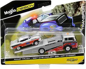 1957 Chevrolet Bel Air Gasser #786 Silver and Red with Ramp Tow Truck "Elite Transport" 1/64 Diecast Models by Maisto