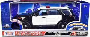2015 Ford Police Interceptor Utility Black & White Flashing Light Bar, Front & Rear Lights & 2 Sounds 1/18 Diecast Car Motormax