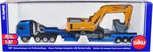 Heavy Haulage Flatbed Transporter Blue and Liebherr 974 Litronic Excavator Yellow 1/87 (HO) Diecast Models by Siku