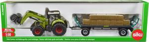 Claas Tractor with Square Bale Grab Green and Oehler Bale Trailer with 12 Hay Bales 1/50 Diecast Model by Siku
