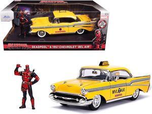 1957 Chevrolet Bel Air Taxi Yellow with Deadpool Diecast Figurine "Marvel" Series 1/24 Diecast Model Car by Jada