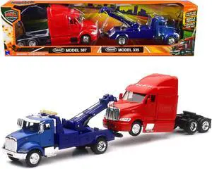 Peterbilt Model 335 Tow Truck Blue and Peterbilt Model 387 Cab Red Set of 2 Pieces 1/43 by New Ray