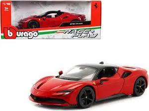 Ferrari SF90 Stradale Red with Black Top "Race + Play" Series 1/18 Diecast Model Car by Bburago