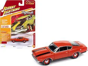 1969 Plymouth Barracuda Orange with Black Stripes Limited Edition to 2932 pieces 1/64 Diecast Model Car by Johnny Lightning