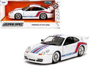 Porsche 911 GT3 (996) White with Red and Blue Stripes "Hyper-Spec" Series 1/24 Diecast Model Car by Jada