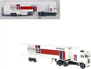 1980 Kenworth K-100 COE Aerodyne Transporter White "Datsun Racing" 1/87 (HO) Scale Model Car by Brekina