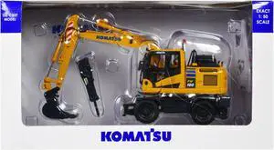 Komatsu PW180-11 Excavator Yellow with Standard Bucket and Hydraulic Breaker 1/50 Diecast Model by Universal Hobbies