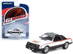 1981 Ford Mustang Cobra Polar White and Black w/Red Stripes "Greenlight Muscle" Series 27 1/64 Diecast Model Car by Greenlight
