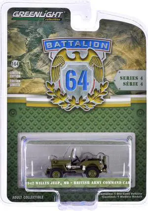 1942 Willys Jeep MB "British Army Command Car" Light Green "Battalion 64" Series 4 1/64 Die Cast Model Car by Greenlight