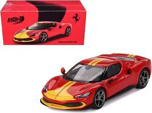 Ferrari 296 GTB Assetto Fiorano Rosso Corsa Red with Yellow Stripes 1/64 Diecast Model Car by BBR
